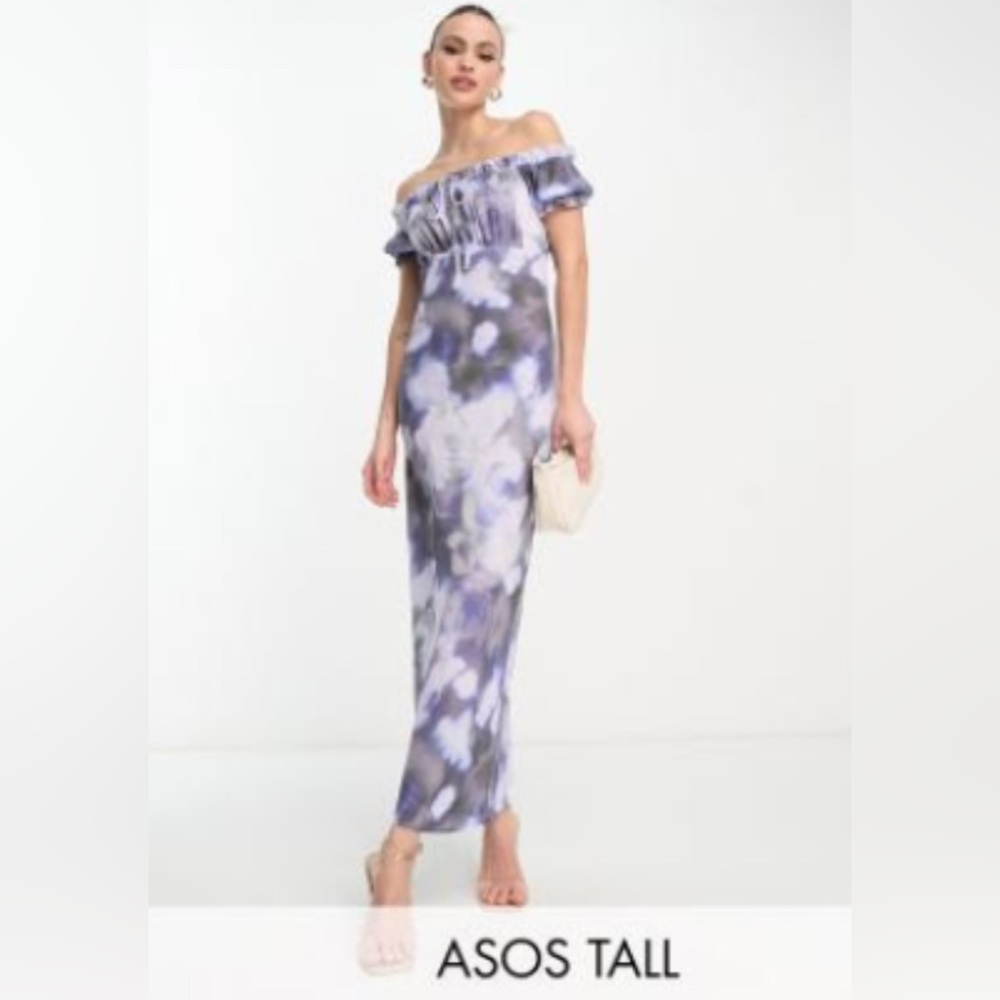 ASOS Tall Purple/Blue floral and White Ruffled Off-Shoulder Midi-Maxi Gown